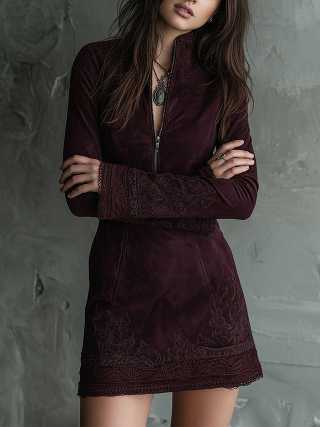 FJØRNA vintage suede mini dress with embroidered lace trim, stylish women's party dress featuring intricate detailing and soft fabric.