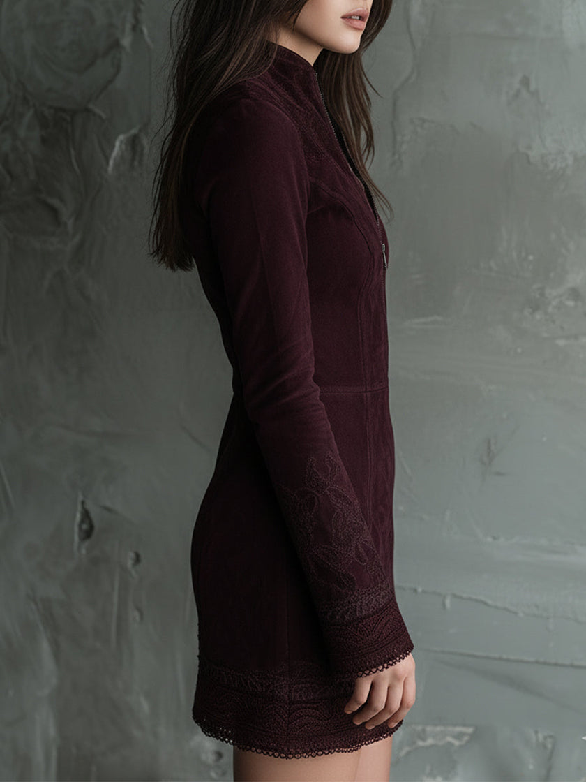 Vintage Suede Embroidered Lace Trim Women's Mini Dress - Party