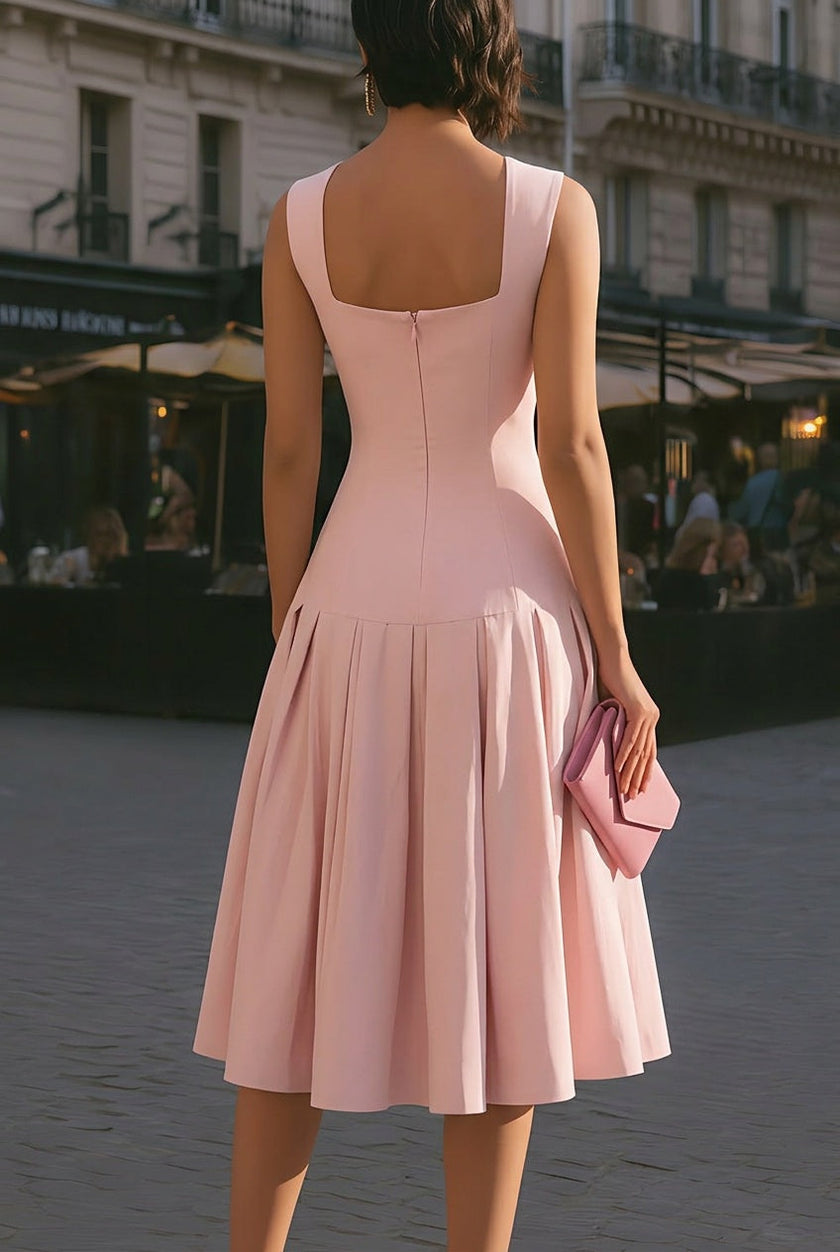 FJØRNA white sleeveless midi dress with structured square neckline, stylish and elegant for casual or formal occasions.