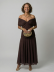 FJØRNA elegant off-shoulder midi dress for women, bodycon fit, showcasing a stylish and sophisticated design.