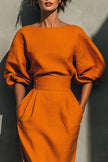 White FJØRNA puff sleeve high-waisted midi dress with pockets, casual style, perfect for everyday wear, shown on a model.