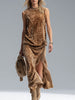 FJØRNA leopard print sleeveless vest and velvet split-hem skirt set, stylish and trendy for fashionable looks.