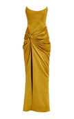 FJØRNA draped strapless satin maxi dress displayed on a hanger, showcasing its elegant flowy fabric and sleek design.