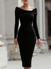 Black FJØRNA off-the-shoulder long-sleeve sheath dress for women, fitted style with elegant neckline and sleek silhouette.