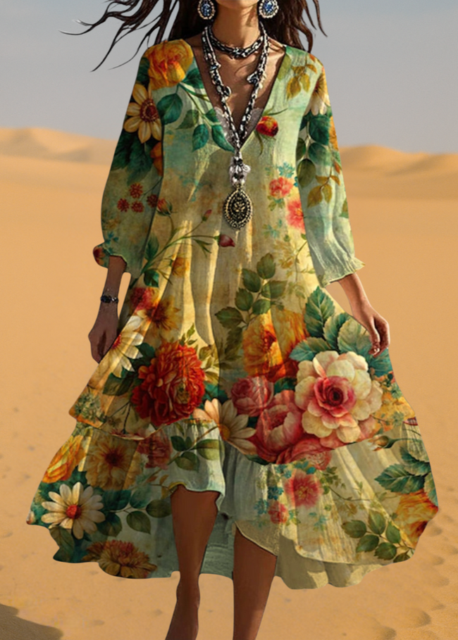 FJØRNA Rebecca Aporta Glamour Boho wedding guest dress, casual wedding dress with flowing fabric and bohemian style details.