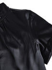 FJØRNA satin blouse for women with high neck, keyhole detail, and short sleeves, stylish women’s top in smooth satin fabric.