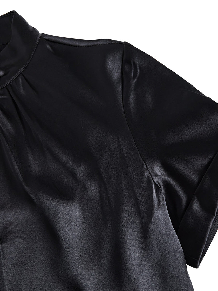FJØRNA satin blouse for women with high neck, keyhole detail, and short sleeves, stylish women’s top in smooth satin fabric.