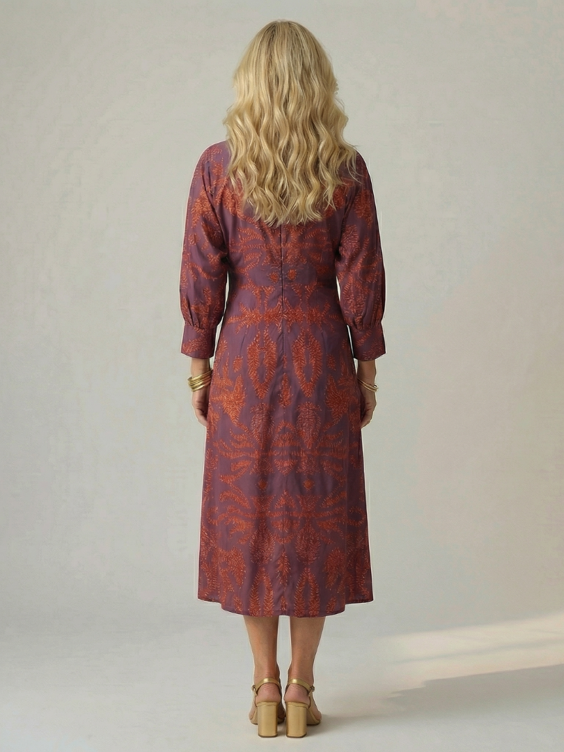 FJØRNA women's summer midi dress with long sleeves and wrap design, featuring a stylish and comfortable fit.