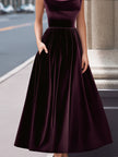 FJØRNA velvet cowl-neck sleeveless A-line evening gown, maxi dress with elegant drape and sleeveless design, dark rich color.