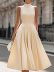 FJØRNA Luxe Cream sleeveless turtleneck pleated midi dress for women, featuring a white elegant design and flowing pleats.