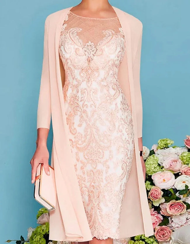 Blush pink lace midi dress and two-piece set for women by FJØRNA, featuring elegant lace fabric and fitted silhouette.