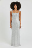 FJØRNA Sequin slip dress for women, double strap, bodycon fit, hip-skimming style with shimmering sequin fabric.