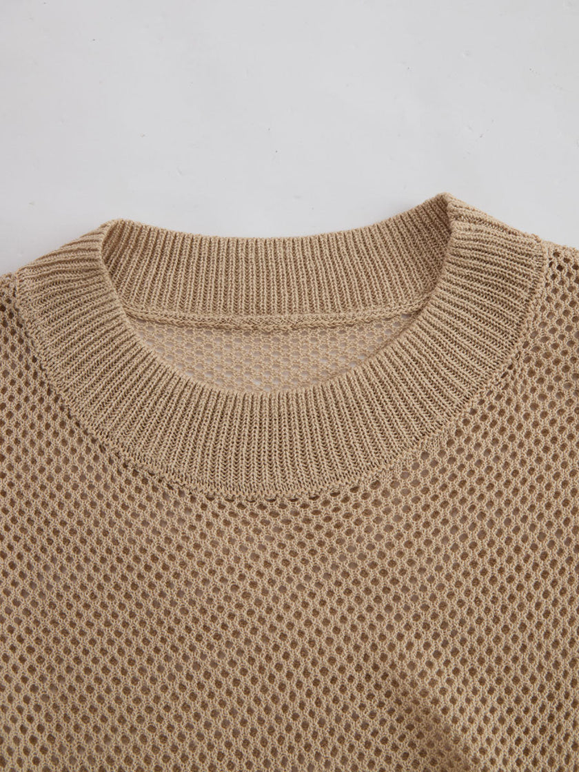 FJØRNA khaki retro short-sleeve knitted T-shirt for women, stylish casual top with a vintage-inspired design.