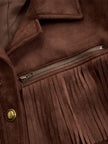 FJØRNA brown suede Western tassel zip-up jacket with fringe details, stylish and casual outerwear for women.