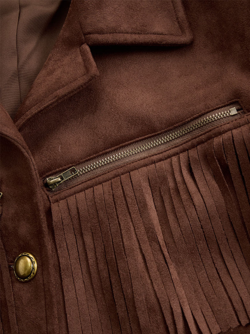 FJØRNA brown suede Western tassel zip-up jacket with fringe details, stylish and casual outerwear for women.