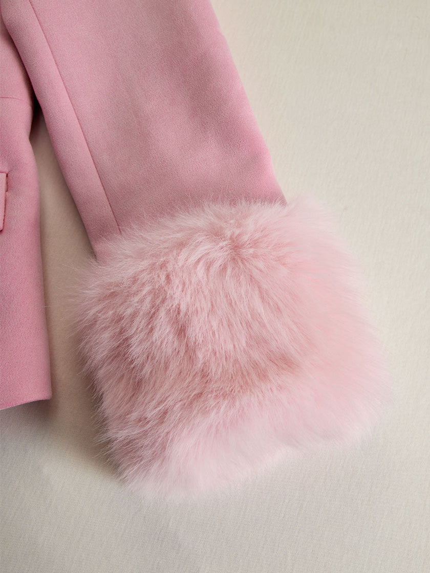 Pink faux suede and fur blazer with multi-button lapel, stylish jacket from FJØRNA showing front view and textured fabric details.