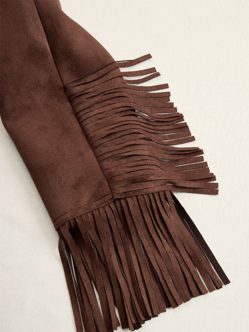 Brown suede Western tassel zip-up jacket by FJØRNA with fringe details, front zipper, and classic Western style.