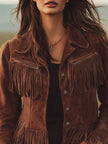 FJØRNA brown suede Western tassel zip-up jacket with fringe details, stylish and casual outerwear for women.