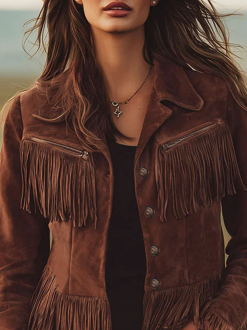 FJØRNA brown suede Western tassel zip-up jacket with fringe details, stylish and casual outerwear for women.