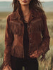 FJØRNA brown suede western tassel zip-up jacket with fringe details, styled as a casual or western-inspired outerwear piece.
