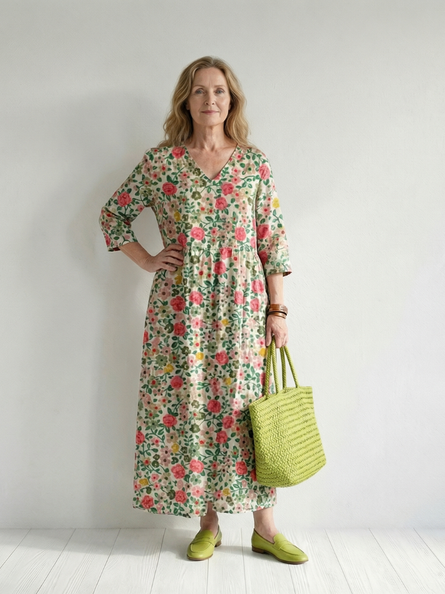 FJØRNA women's floral summer midi dress with long sleeves, wrap style, relaxed fit, perfect for warm weather.
