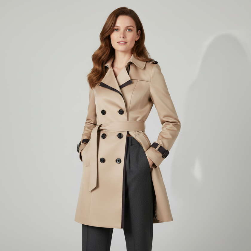 Women's Double-Breasted Trench Coat with Belt and Cuff Straps – Classic Stylish Outerwear for Transitional Seasons