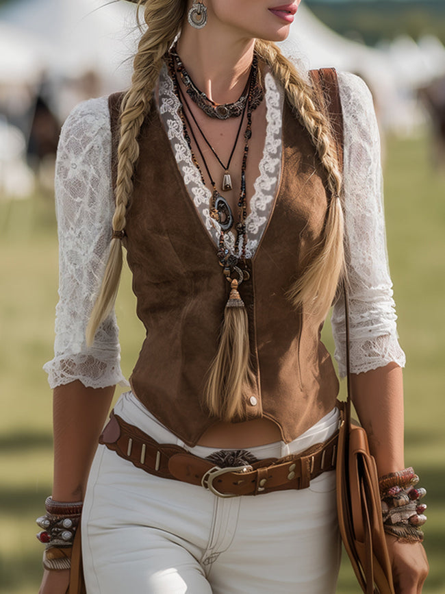 Brown suede lace sleeve western shirt for women by FJØRNA, featuring button-up style and detailed lace sleeves.