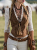 Brown suede lace sleeve western shirt for women by FJØRNA, featuring button-up style and detailed lace sleeves.