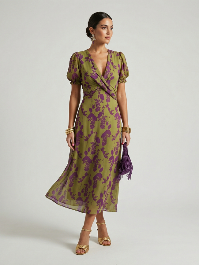 FJØRNA women's floral summer midi dress with short sleeves and wrap design, flowing and stylish for warm weather.