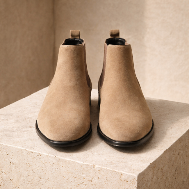 FJØRNA men's slip-on Chelsea boots in black leather with elastic side panels and sleek design.