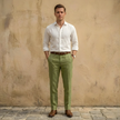 FJØRNA men's linen blend straight leg trousers with pleats, showcasing a casual, breathable pant style in neutral fabric.