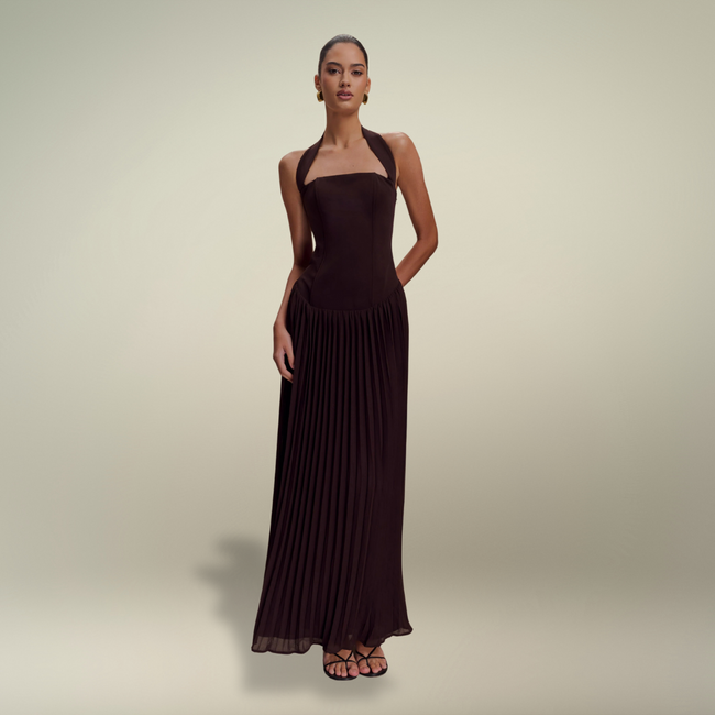 FJØRNA Studio | Pleated Halter Maxi Dress with Drop Waist