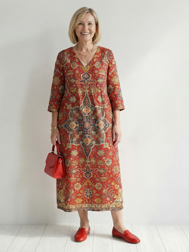 FJØRNA women's summer midi dress with long sleeves, wrap style, flowy fit, tailored design for a stylish, comfortable look.