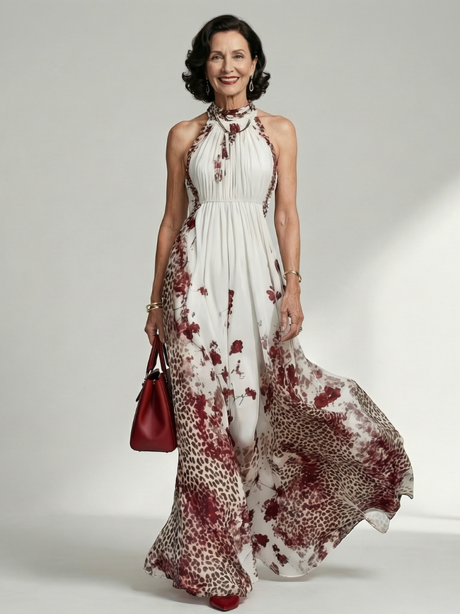 FJØRNA women's floral summer maxi dress with long sleeves and pleated design, flowing and elegant for warm weather.