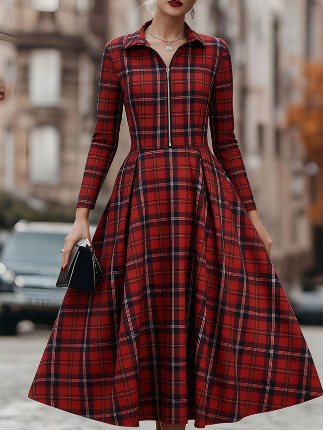 FJØRNA elegant long sleeve plaid dress with classic and contemporary style, featuring a stylish checkered pattern and tailored fit.