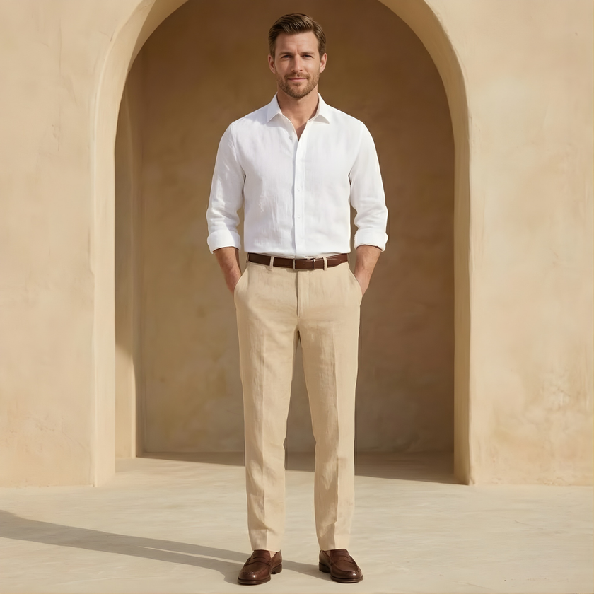 FJØRNA men's linen straight-leg pleated trousers displayed on a hanger, showcasing the light, breathable fabric and tailored fit.