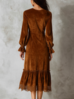 FJØRNA retro ruffle neck lace trim eco-friendly velvet women's midi dress, showcasing its elegant design and soft fabric.