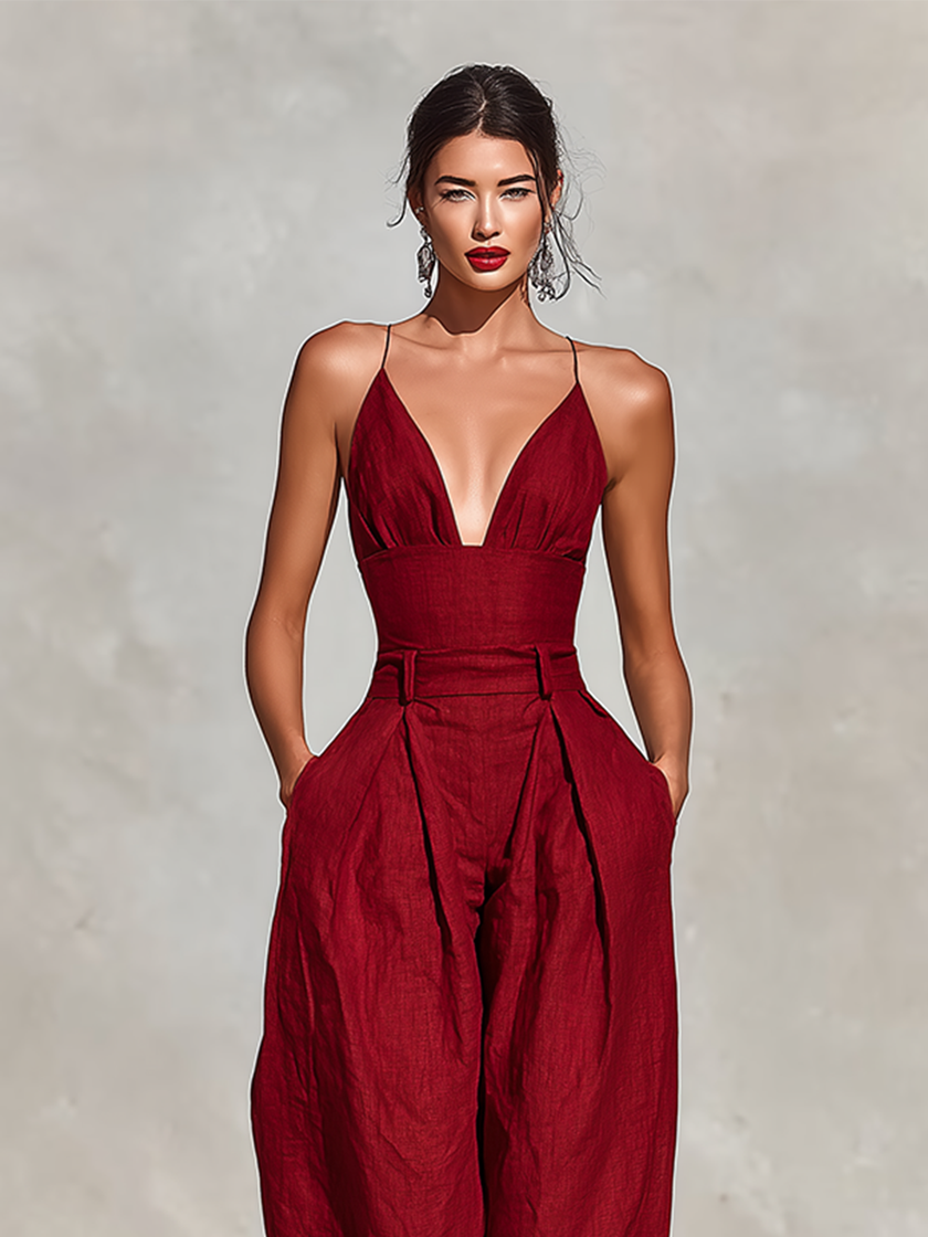 FJØRNA women's linen spaghetti strap jumpsuit with V-neck, high waist, pleated wide-leg pants, lightweight and stylish.