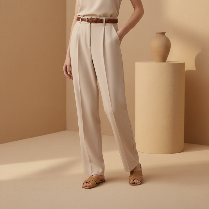 FJØRNA women's high waist slim fit trousers, stylish pants with a tailored fit, in a neutral color, perfect for modern women.