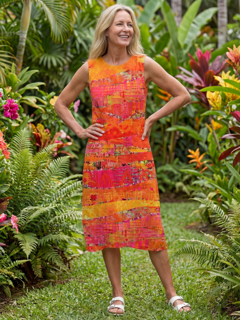 FJØRNA women's summer midi dress, sleeveless wrap style with flowy, lightweight fabric perfect for warm weather.