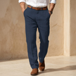 FJØRNA men's linen blend straight leg tailored trousers, beige color, front view showcasing slim fit and classic design.