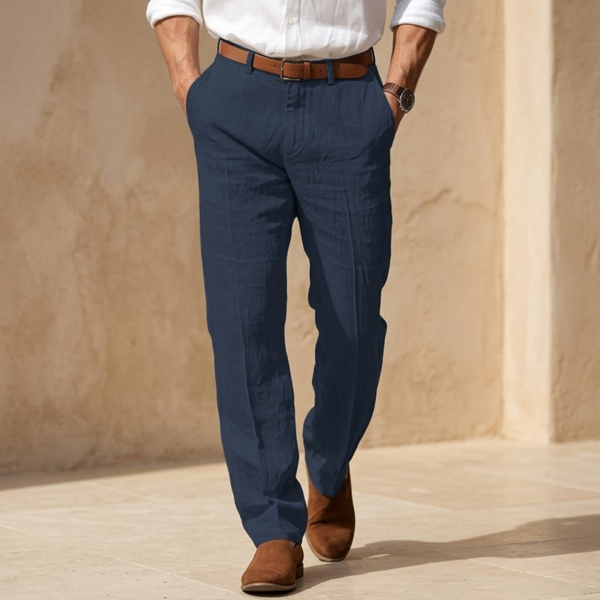 FJØRNA men's linen blend straight leg tailored trousers, beige color, front view showcasing slim fit and classic design.