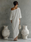 Women's ivory white cotton-linen blend mini dress by FJØRNA, featuring a stylish, lightweight summer dress with a relaxed fit.