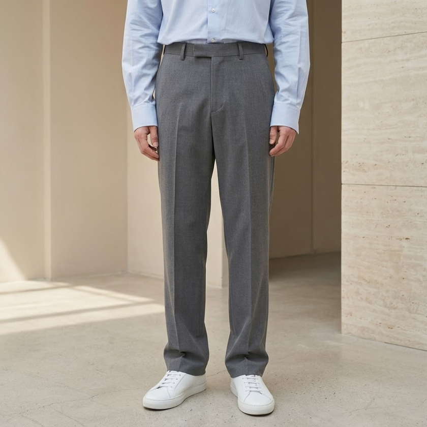 FJØRNA men's straight leg tailored trousers with a relaxed fit, shown in a neutral color on a model.