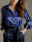 FJØRNA women's satin blouse with long sleeves in burgundy and navy, stylish and smooth fabric, perfect for elegant casual wear.
