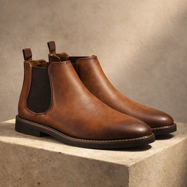 FJØRNA men's leather Chelsea boots with elastic side panels and sleek design, perfect for stylish casual or formal wear.