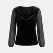 Elegant FJØRNA velvet top featuring a cowl neck and diamond mesh sleeves for women's fashion.