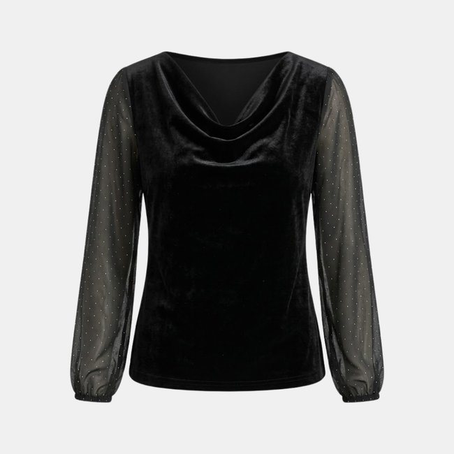 Elegant FJØRNA velvet top featuring a cowl neck and diamond mesh sleeves for women's fashion.