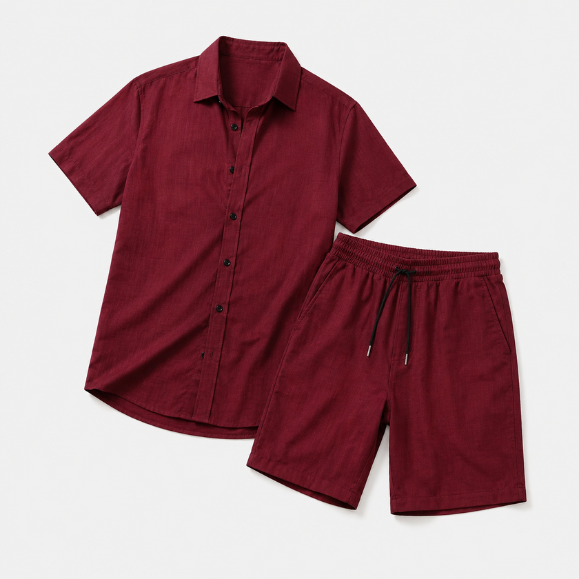 FJØRNA men's linen two-piece set with buttoned short sleeve shirt and matching shorts, lightweight and casual for warm weather.
