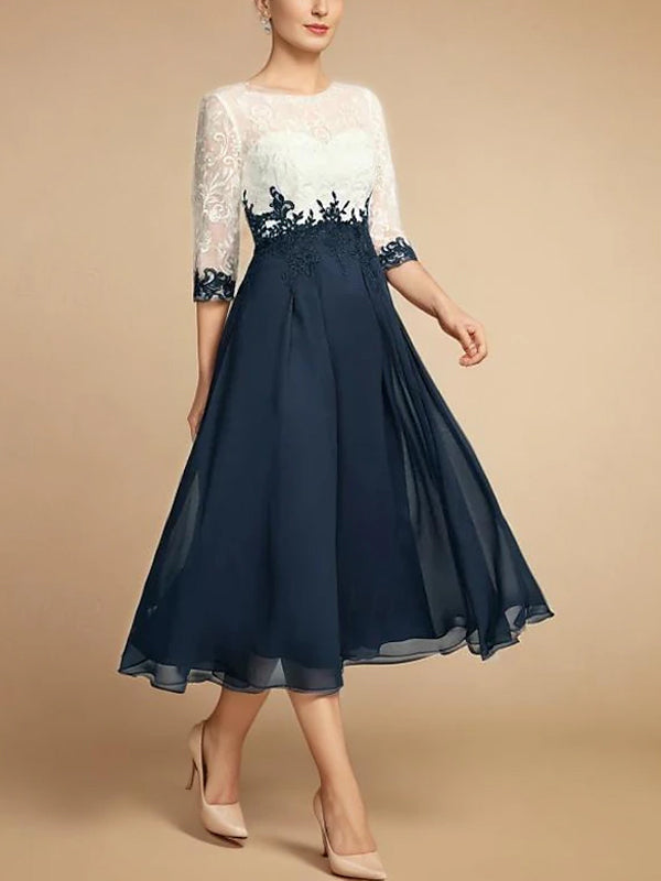 White chiffon midi dress for women with round neck by FJØRNA, featuring a flowing, elegant design.